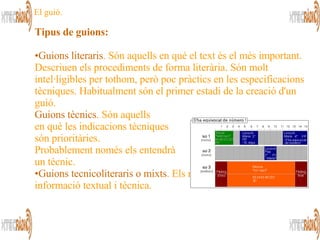 Tipus de guions: Guions literaris . Són aquells en què el text és el més important. Descriuen els procediments de forma literària. Són molt intel·ligibles per tothom, però poc pràctics en les especificacions tècniques. Habitualment són el primer estadi de la creació d'un guió. Guions tècnics . Són aquells  en què les indicacions tècniques  són prioritàries.  Probablement només els entendrà  un tècnic. Guions tecnicoliteraris o mixts . Els mixts incorporen la informació textual i tècnica.  El guió. 