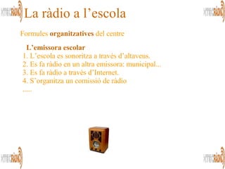 Formules  organitzatives  del centre  La ràdio a l’escola    L’emissora escolar   1. L’escola es sonoritza a través d’altaveus.  2. Es fa ràdio en un altra emissora: municipal...  3. Es fa ràdio a través d’Internet. 4. S’organitza un comissió de ràdio .....  