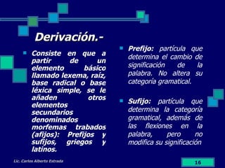 Derivación.- Consiste en que a partir de un elemento básico llamado lexema, raíz, base radical o base léxica simple, se le añaden otros elementos secundarios denominados morfemas trabados (afijos): Prefijos y sufijos, griegos y latinos. Prefijo:  partícula que determina el cambio de significación de la palabra. No altera su categoría gramatical. Sufijo:  partícula que determina la categoría gramatical, además de las flexiones en la palabra, pero no modifica su significación Lic. Carlos Alberto Estrada 