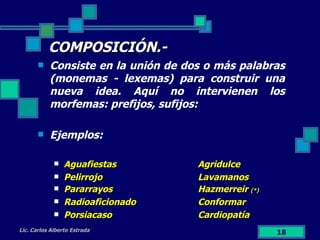 COMPOSICIÓN.- Consiste en la unión de dos o más palabras (monemas - lexemas) para construir una nueva idea. Aquí no intervienen los morfemas: prefijos, sufijos: Ejemplos: Aguafiestas Agridulce Pelirrojo Lavamanos Pararrayos Hazmerreir  (*) Radioaficionado Conformar Porsiacaso Cardiopatía Lic. Carlos Alberto Estrada 