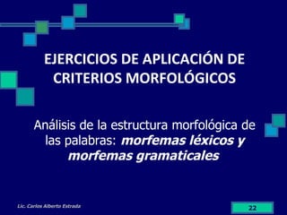 EJERCICIOS DE APLICACIÓN DE CRITERIOS MORFOLÓGICOS Análisis de la estructura morfológica de las palabras:  morfemas léxicos y morfemas gramaticales  Lic. Carlos Alberto Estrada 