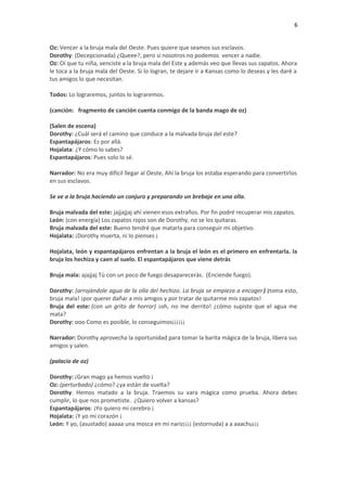 6
Oz: Vencer a la bruja mala del Oeste. Pues quiere que seamos sus esclavos.
Dorothy: (Decepcionada) ¿Queee?, pero si nosotros no podemos vencer a nadie.
Oz: Oí que tu niña, venciste a la bruja mala del Este y además veo que llevas sus zapatos. Ahora
le toca a la bruja mala del Oeste. Si lo logran, te dejare ir a Kansas como lo deseas y les daré a
tus amigos lo que necesitan.
Todos: Lo lograremos, juntos lo lograremos.
(canción: fragmento de canción cuenta conmigo de la banda mago de oz)
(Salen de escena)
Dorothy: ¿Cuál será el camino que conduce a la malvada bruja del este?
Espantapájaros: Es por allá.
Hojalata: ¿Y cómo lo sabes?
Espantapájaros: Pues solo lo sé.
Narrador: No era muy difícil llegar al Oeste, Ahí la bruja los estaba esperando para convertirlos
en sus esclavos.
Se ve a la bruja haciendo un conjuro y preparando un brebaje en una olla.
Bruja malvada del este: jajjajjaj ahí vienen esos extraños. Por fin podré recuperar mis zapatos.
León: (con energía) Los zapatos rojos son de Dorothy, no se los quitaras.
Bruja malvada del este: Bueno tendré que matarla para conseguir mi objetivo.
Hojalata: ¡Dorothy muerta, ni lo pienses ¡
Hojalata, león y espantapájaros enfrentan a la bruja el león es el primero en enfrentarla. la
bruja los hechiza y caen al suelo. El espantapájaros que viene detrás
Bruja mala: ajajjaj Tú con un poco de fuego desaparecerás. (Enciende fuego).
Dorothy: (arrojándole agua de la olla del hechizo. La bruja se empieza a encoger) ¡toma esto,
bruja mala! ¡por querer dañar a mis amigos y por tratar de quitarme mis zapatos!
Bruja del este: (con un grito de horror) ¡oh, no me derrito! ¿cómo supiste que el agua me
mata?
Dorothy: ooo Como es posible, lo conseguimos¡¡¡¡¡¡
Narrador: Dorothy aprovecha la oportunidad para tomar la barita mágica de la bruja, libera sus
amigos y salen.
(palacio de oz)
Dorothy: ¡Gran mago ya hemos vuelto ¡
Oz: (perturbado) ¿cómo? ¿ya están de vuelta?
Dorothy: Hemos matado a la bruja. Traemos su vara mágica como prueba. Ahora debes
cumplir, lo que nos prometiste. ¿Quiero volver a kansas?
Espantapájaros: ¡Yo quiero mi cerebro ¡
Hojalata: ¡Y yo mi corazón ¡
León: Y yo, (asustado) aaaaa una mosca en mi nariz¡¡¡¡ (estornuda) a a aaachu¡¡¡
 