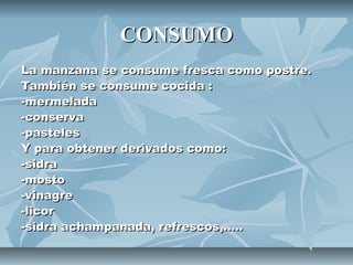 CONSUMO
La manzana se consume fresca como postre.
También se consume cocida :
-mermelada
-conserva
-pasteles
Y para obtener derivados como:
-sidra
-mosto
-vinagre
-licor
-sidra achampanada, refrescos,…..
 