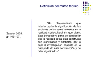 Definición del marco teórico “ Un planteamiento que intenta captar la significación de las acciones de los seres humanos en la realidad sociocultural en que viven. Esta perspectiva parte de considerar que la realidad social está construida con significados y símbolos, por lo cual la investigación consiste en la búsqueda de esta construcción y de tales significados.” (Zapata, 2005, pp. 106-107). 