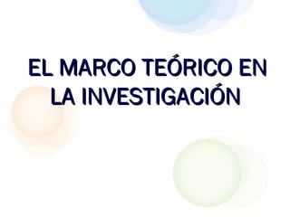 EL MARCO TEÓRICO ENEL MARCO TEÓRICO EN
LA INVESTIGACIÓNLA INVESTIGACIÓN
 