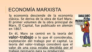 ECONOMÍA MARXISTA
la economía desciende de la economía
clásica. Se deriva de la obra de Karl Marx.
El primer volumen de la obra principal de
Marx, El Capital, fue publicado en alemán
en 1867.
En él, Marx se centró en la teoría del
valor-trabajo o lo que él consideraba,
explotación del trabajo por el capital. La
teoría del valor-trabajo consideró que el
valor de una cosa estaba decidida por el
 