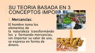 SU TEORIA BASADA EN 3
CONCEPTOS IMPORTANTES
1.Mercancías:
El hombre toma los
elementos de
la naturaleza transformándo
los y formando mercancías,
sin importar su valor de uso,
se expresa en forma de
dinero.
 