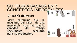 SU TEORIA BASADA EN 3
CONCEPTOS IMPORTANTES
2. Teoría del valor:
Marx determina que la
magnitud del valor de una
mercancía no es más que la
cantidad de trabajo
socialmente necesario
para su producción.
 