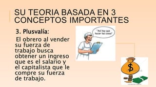 SU TEORIA BASADA EN 3
CONCEPTOS IMPORTANTES
3. Plusvalía:
El obrero al vender
su fuerza de
trabajo busca
obtener un ingreso
que es el salario y
el capitalista que le
compre su fuerza
de trabajo.
 