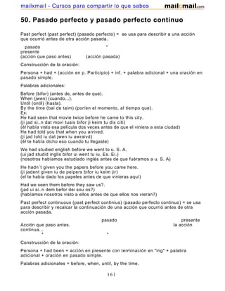 50. Pasado perfecto y pasado perfecto continuo
Past perfect (past perfect) (pasado perfecto) = se usa para describir a una acción
que ocurrió antes de otra acción pasada.
pasado *
presente
(acción que paso antes) (acción pasada)
Construcción de la oración:
Persona + had + (acción en p. Participio) + inf. + palabra adicional + una oración en
pasado simple.
Palabras adicionales:
Before (bifor) (antes de, antes de que).
When (jwen) (cuando...).
Until (ontil) (hasta).
By the time (bai de taim) (por/en el momento, al tiempo que).
Ex:
He had seen that movie twice before he came to this city.
(ji jad si..n dat movi tuais bifor ji keim tu dis citi)
(él había visto esa película dos veces antes de que el viniera a esta ciudad)
He had told you that when you arrived.
(ji jad told iu dat jwen iu awraivd)
(él te había dicho eso cuando tu llegaste)
We had studied english before we went to u. S. A.
(ui jad studid inglis bifor ui went tu iu. Es. Ei.)
(nosotros habíamos estudiado inglés antes de que fuéramos a u. S. A)
He hadn´t given you the papers before you came here.
(ji jadent given iu de peipers bifor iu keim jir)
(el te había dado los papeles antes de que vinieras aquí)
Had we seen them before they saw us?.
(jad ui si..n dem befor dei sou os?)
(habíamos nosotros visto a ellos antes de que ellos nos vieran?)
Past perfect continuous (past perfect continius) (pasado perfecto continuo) = se usa
para describir y recalcar la continuación de una acción que ocurrió antes de otra
acción pasada.
pasado presente
Acción que paso antes. la acción
continua...
* *
Construcción de la oración:
Persona + had been + acción en presente con terminación en "ing" + palabra
adicional + oración en pasado simple.
Palabras adicionales = before, when, until, by the time.
161
mailxmail - Cursos para compartir lo que sabes
 