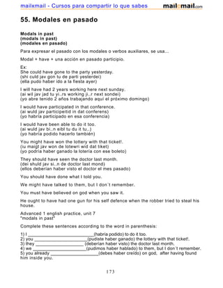 55. Modales en pasado
Modals in past
(modals in past)
(modales en pasado)
Para expresar el pasado con los modales o verbos auxiliares, se usa...
Modal + have + una acción en pasado participio.
Ex:
She could have gone to the party yesterday.
(shi culd jav gon tu de parti yesterdei)
(ella pudo haber ido a la fiesta ayer)
I will have had 2 years working here next sunday.
(ai wil jav jad tu yi..rs working ji..r next sondei)
(yo abre tenido 2 años trabajando aquí el próximo domingo)
I would have participated in that conference.
(ai wuld jav participeitid in dat conferens)
(yo habría participado en esa conferencia)
I would have been able to do it too.
(ai wuld jav bi..n eibl tu du it tu..)
(yo habría podido hacerlo también)
You might have won the lottery with that ticket!.
(iu maigt jav won de lotewri wid dat tiket)
(yo podría haber ganado la lotería con ese boleto)
They should have seen the doctor last month.
(dei shuld jav si..n de doctor last mond)
(ellos deberían haber visto el doctor el mes pasado)
You should have done what I told you.
We might have talked to them, but I don´t remember.
You must have believed on god when you saw it.
He ought to have had one gun for his self defence when the robber tried to steal his
house.
Advanced 1 english practice, unit 7
"modals in past"
Complete these sentences according to the word in parenthesis:
1) I ___________________________(habría podido) to do it too.
2) you _____________________(pudiste haber ganado) the lottery with that ticket!.
3) they ___________________ (deberían haber visto) the doctor last month.
4) we _____________________(pudimos haber hablado) to them, but I don´t remember.
5) you already ___________________(debes haber creído) on god, after having found
him inside you.
The use of "too, so, either, and neither"
173
mailxmail - Cursos para compartir lo que sabes
 