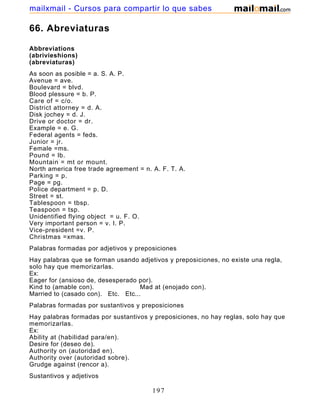 66. Abreviaturas
Abbreviations
(abrivieshions)
(abreviaturas)
As soon as posible = a. S. A. P.
Avenue = ave.
Boulevard = blvd.
Blood plessure = b. P.
Care of = c/o.
District attorney = d. A.
Disk jochey = d. J.
Drive or doctor = dr.
Example = e. G.
Federal agents = feds.
Junior = jr.
Female =ms.
Pound = lb.
Mountain = mt or mount.
North america free trade agreement = n. A. F. T. A.
Parking = p.
Page = pg.
Police department = p. D.
Street = st.
Tablespoon = tbsp.
Teaspoon = tsp.
Unidentified flying object = u. F. O.
Very important person = v. I. P.
Vice-president =v. P.
Christmas =xmas.
Palabras formadas por adjetivos y preposiciones
Hay palabras que se forman usando adjetivos y preposiciones, no existe una regla,
solo hay que memorizarlas.
Ex:
Eager for (ansioso de, desesperado por).
Kind to (amable con). Mad at (enojado con).
Married to (casado con). Etc. Etc...
Palabras formadas por sustantivos y preposiciones
Hay palabras formadas por sustantivos y preposiciones, no hay reglas, solo hay que
memorizarlas.
Ex:
Ability at (habilidad para/en).
Desire for (deseo de).
Authority on (autoridad en).
Authority over (autoridad sobre).
Grudge against (rencor a).
Sustantivos y adjetivos
197
mailxmail - Cursos para compartir lo que sabes
 