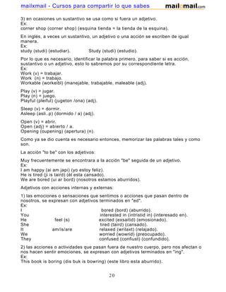 3) en ocasiones un sustantivo se usa como si fuera un adjetivo.
Ex:
corner shop (corner shop) (esquina tienda = la tienda de la esquina).
En inglés, a veces un sustantivo, un adjetivo o una acción se escriben de igual
manera.
Ex:
study (studi) (estudiar). Study (studi) (estudio).
Por lo que es necesario, identificar la palabra primero, para saber si es acción,
sustantivo o un adjetivo, esto lo sabremos por su correspondiente letra.
Ex:
Work (v) = trabajar.
Work (n) = trabajo.
Workable (workeibl) (manejable, trabajable, maleable (adj).
Play (v) = jugar.
Play (n) = juego.
Playful (pleiful) (jugeton /ona) (adj).
Sleep (v) = dormir.
Asleep (asli..p) (dormido / a) (adj).
Open (v) = abrir.
Open (adj) = abierto / a.
Opening (oupening) (apertura) (n).
Como ya se dio cuenta es necesario entonces, memorizar las palabras tales y como
son.
La acción "to be" con los adjetivos:
Muy frecuentemente se encontrara a la acción "be" seguida de un adjetivo.
Ex:
I am happy (ai am japi) (yo estoy feliz).
He is tired (ji is taird) (él esta cansado).
We are bored (ui ar bord) (nosotros estamos aburridos).
Adjetivos con acciones internas y externas:
1) las emociones o sensaciones que sentimos o acciones que pasan dentro de
nosotros, se expresan con adjetivos terminados en "ed".
Ex:
I bored (bord) (aburrido).
You interested in (intristid in) (interesado en).
He feel (s) excited (exsaitid) (emosionado).
She tired (taird) (cansado).
It am/is/are relaxed (wrilaxt) (relajado).
We worried (wowrid) (preocupado).
They confused (confiust) (confundido).
2) las acciones o actividades que pasan fuera de nuestro cuerpo, pero nos afectan o
nos hacen sentir emociones, se expresan con adjetivos terminados en "ing".
Ex:
This book is boring (dis buk is bowring) (este libro esta aburrido).
Soft music is relaxing (soft miusic is wrelaxing) (la música suave es relajante).
20
mailxmail - Cursos para compartir lo que sabes
 