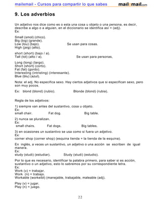 9. Los adverbios
Un adjetivo nos dice como es o esta una cosa u objeto o una persona, es decir,
describe a algo o a alguien, en el diccionario se identifica así = (adj).
Ex:
Small (smol) (chico).
Big (big) (grande).
Low (lou) (bajo). Se usan para cosas.
High (jaig) (alto).
short (short) (bajo / a).
Tall (tol) (alto / a). Se usan para personas,
Long (long) (largo).
Short (short) (corto).
Fat (fat) (gordo).
Interesting (intristing) (interesante).
Blue (blu) (azul).
Nota: el adj. No especifica sexo. Hay ciertos adjetivos que si especifican sexo, pero
son muy pocos.
Ex: blond (blond) (rubio). Blonde (blond) (rubia).
Regla de los adjetivos:
1) siempre van antes del sustantivo, cosa u objeto.
Ex:
small chair. Fat dog. Big table.
2) nunca se pluralizan.
Ex:
small chairs. Fat dogs. Big tables.
3) en ocasiones un sustantivo se usa como si fuera un adjetivo.
Ex:
corner shop (corner shop) (esquina tienda = la tienda de la esquina).
En inglés, a veces un sustantivo, un adjetivo o una acción se escriben de igual
manera.
Ex:
study (studi) (estudiar). Study (studi) (estudio).
Por lo que es necesario, identificar la palabra primero, para saber si es acción,
sustantivo o un adjetivo, esto lo sabremos por su correspondiente letra.
Ex:
Work (v) = trabajar.
Work (n) = trabajo.
Workable (workeibl) (manejable, trabajable, maleable (adj).
Play (v) = jugar.
Play (n) = juego.
Playful (pleiful) (jugeton /ona) (adj).
22
mailxmail - Cursos para compartir lo que sabes
 