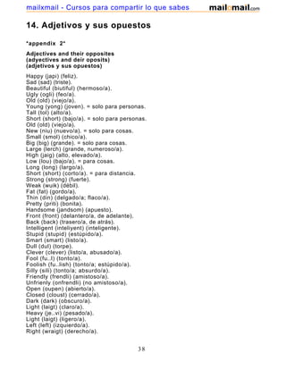 14. Adjetivos y sus opuestos
*appendix 2*
Adjectives and their opposites
(adyectives and deir oposits)
(adjetivos y sus opuestos)
Happy (japi) (feliz).
Sad (sad) (triste).
Beautiful (biutiful) (hermoso/a).
Ugly (ogli) (feo/a).
Old (old) (viejo/a).
Young (yong) (joven). = solo para personas.
Tall (tol) (alto/a).
Short (short) (bajo/a). = solo para personas.
Old (old) (viejo/a).
New (niu) (nuevo/a). = solo para cosas.
Small (smol) (chico/a).
Big (big) (grande). = solo para cosas.
Large (lerch) (grande, numeroso/a).
High (jaig) (alto, elevado/a).
Low (lou) (bajo/a). = para cosas.
Long (long) (largo/a).
Short (short) (corto/a). = para distancia.
Strong (strong) (fuerte).
Weak (wuik) (débil).
Fat (fat) (gordo/a).
Thin (din) (delgado/a; flaco/a).
Pretty (priti) (bonita).
Handsome (jandsom) (apuesto).
Front (front) (delantero/a, de adelante).
Back (back) (trasero/a, de atrás).
Intelligent (inteliyent) (inteligente).
Stupid (stupid) (estúpido/a).
Smart (smart) (listo/a).
Dull (dul) (torpe).
Clever (clever) (listo/a, abusado/a).
Fool (fu..l) (tonto/a).
Foolish (fu..lish) (tonto/a; estúpido/a).
Silly (sili) (tonto/a; absurdo/a).
Friendly (frendli) (amistoso/a).
Unfrienly (onfrendli) (no amistoso/a).
Open (oupen) (abierto/a).
Closed (cloust) (cerrado/a).
Dark (dark) (obscuro/a).
Light (laigt) (claro/a).
Heavy (je..vi) (pesado/a).
Light (laigt) (ligero/a).
Left (left) (izquierdo/a).
Right (wraigt) (derecho/a).
Wrong (wrong) (equivocado/a; incorrecto/a; mal).
38
mailxmail - Cursos para compartir lo que sabes
 