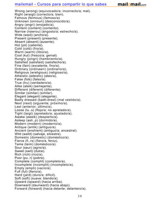 Wrong (wrong) (equivocado/a; incorrecto/a; mal).
Right (wraigt) (correcto/a; bien).
Famous (feimous) (famoso/a)
Unknown (onnoun) (desconocido/a).
Angry (angri) (enojado/a).
Content (content) (contento).
Narrow (nawrou) (angosto/a; estrecho/a).
Wide (waid) (ancho/a).
Present (present) (presente).
Absent (absent) (ausente).
Hot (jot) (caliente).
Cold (cold) (frio/a).
Warm (warm) (tibio/a).
Cool (kul) (fresco/a; genial).
Hungry (jongri) (hambriento/a).
Satisfied (satisfaid) (satisfecho/a).
Fine (fain) (excelente, fino/a).
Ordinary (ordinawri) (ordinario/a).
Religious (wreligious) (religioso/a).
Atheistic (adeistic) (ateo/a).
False (fols) (falso/a).
True (tru) (verdadero/a).
Alike (alaik) (semejante).
Different (diferent) (diferente).
Similar (similar) (similar).
Elegant (elegant) (elegante).
Badly dressed (badli-drest) (mal vestido/a).
Next (next) (siguiente; próximo/a).
Last (anterior; último/a).
Loose (lu..s) (flojo/a; no apretado/a).
Tight (taigt) (apretado/a; ajustado/a).
Awake (aweik) (despierto/a).
Asleep (asli..p) (dormido/a).
Modern (modern) (moderno/a).
Antique (antik) (antiguo/a).
Ancient (enshient) (antiguo/a; ancestral).
Wild (waild) (salvaje, silvestre).
Domestic (domestic) (doméstico/a).
Fierce (fi..rs) (fiero/a, feroz).
Tame (teim) (doméstico/a).
Sour (saur) (agrio/a).
Sweet (swit) (dulce).
Rich (rich) (rico/a).
Poor (pu..r) (pobre).
Complete (complit) (completo/a).
Incomplete (incomplit) (incompleto/a).
Empty (empti) (vacío/a).
Full (ful) (lleno/a).
Hard (jard) (duro/a; dificil).
Soft (soft) (suave; blando/a).
Upward (opward) (hacia arriba).
Downward (daunward) (hacia abajo).
Forward (forward) (hacia delante; delantero/a).
39
mailxmail - Cursos para compartir lo que sabes
 