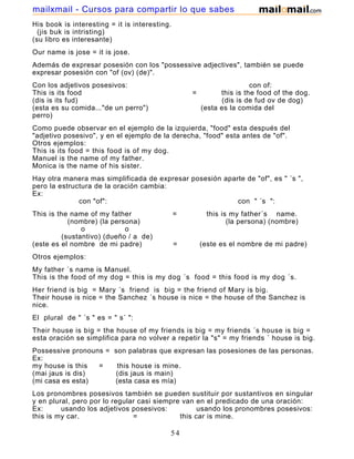 His book is interesting = it is interesting.
(jis buk is intristing)
(su libro es interesante)
Our name is jose = it is jose.
Además de expresar posesión con los "possessive adjectives", también se puede
expresar posesión con "of (ov) (de)".
Con los adjetivos posesivos: con of:
This is its food = this is the food of the dog.
(dis is its fud) (dis is de fud ov de dog)
(esta es su comida..."de un perro") (esta es la comida del
perro)
Como puede observar en el ejemplo de la izquierda, "food" esta después del
"adjetivo posesivo", y en el ejemplo de la derecha, "food" esta antes de "of".
Otros ejemplos:
This is its food = this food is of my dog.
Manuel is the name of my father.
Monica is the name of his sister.
Hay otra manera mas simplificada de expresar posesión aparte de "of", es " ´s ",
pero la estructura de la oración cambia:
Ex:
con "of": con " ´s ":
This is the name of my father = this is my father´s name.
(nombre) (la persona) (la persona) (nombre)
o o
(sustantivo) (dueño / a de)
(este es el nombre de mi padre) = (este es el nombre de mi padre)
Otros ejemplos:
My father ´s name is Manuel.
This is the food of my dog = this is my dog ´s food = this food is my dog ´s.
Her friend is big = Mary ´s friend is big = the friend of Mary is big.
Their house is nice = the Sanchez ´s house is nice = the house of the Sanchez is
nice.
El plural de " ´s " es = " s´ ":
Their house is big = the house of my friends is big = my friends ´s house is big =
esta oración se simplifica para no volver a repetir la "s" = my friends ´ house is big.
Possessive pronouns = son palabras que expresan las posesiones de las personas.
Ex:
my house is this = this house is mine.
(mai jaus is dis) (dis jaus is main)
(mi casa es esta) (esta casa es mía)
Los pronombres posesivos también se pueden sustituir por sustantivos en singular
y en plural, pero por lo regular casi siempre van en el predicado de una oración:
Ex: usando los adjetivos posesivos: usando los pronombres posesivos:
this is my car. = this car is mine.
54
mailxmail - Cursos para compartir lo que sabes
 