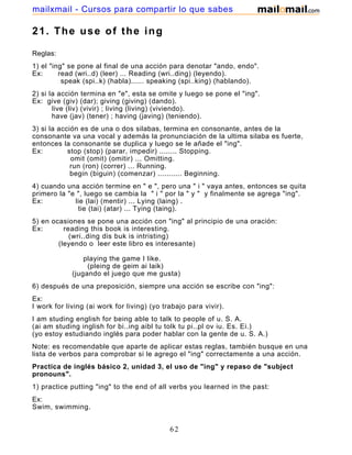 21. The use of the ing
Reglas:
1) el "ing" se pone al final de una acción para denotar "ando, endo".
Ex: read (wri..d) (leer) ... Reading (wri..ding) (leyendo).
speak (spi..k) (habla)...... speaking (spi..king) (hablando).
2) si la acción termina en "e", esta se omite y luego se pone el "ing".
Ex: give (giv) (dar); giving (giving) (dando).
live (liv) (vivir) ; living (living) (viviendo).
have (jav) (tener) ; having (javing) (teniendo).
3) si la acción es de una o dos silabas, termina en consonante, antes de la
consonante va una vocal y además la pronunciación de la ultima silaba es fuerte,
entonces la consonante se duplica y luego se le añade el "ing".
Ex: stop (stop) (parar, impedir) ........ Stopping.
omit (omit) (omitir) ... Omitting.
run (ron) (correr) ... Running.
begin (biguin) (comenzar) ........... Beginning.
4) cuando una acción termine en " e ", pero una " i " vaya antes, entonces se quita
primero la "e ", luego se cambia la " i " por la " y " y finalmente se agrega "ing".
Ex: lie (lai) (mentir) ... Lying (laing) .
tie (tai) (atar) ... Tying (taing).
5) en ocasiones se pone una acción con "ing" al principio de una oración:
Ex: reading this book is interesting.
(wri..ding dis buk is intristing)
(leyendo o leer este libro es interesante)
playing the game I like.
(pleing de geim ai laik)
(jugando el juego que me gusta)
6) después de una preposición, siempre una acción se escribe con "ing":
Ex:
I work for living (ai work for living) (yo trabajo para vivir).
I am studing english for being able to talk to people of u. S. A.
(ai am studing inglish for bi..ing aibl tu tolk tu pi..pl ov iu. Es. Ei.)
(yo estoy estudiando inglés para poder hablar con la gente de u. S. A.)
Note: es recomendable que aparte de aplicar estas reglas, también busque en una
lista de verbos para comprobar si le agrego el "ing" correctamente a una acción.
Practica de inglés básico 2, unidad 3, el uso de "ing" y repaso de "subject
pronouns".
1) practice putting "ing" to the end of all verbs you learned in the past:
Ex:
Swim, swimming.
Skip, skipping.
62
mailxmail - Cursos para compartir lo que sabes
 