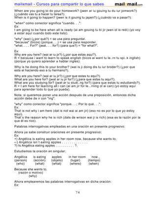 When are you going to do your homework? (jwen ar iu gouing tu du iur jomwork?)
(¿cuándo vas tu a hacer tu tarea?).
When is it going to happen? (jwen is it gouing tu japen?) (¿cuándo va a pasar?).
"when" como conector significa "cuando. . .":
Ex:
I am going to be here when all is ready (ai am gouing tu bi jir jwen ol is redi) (yo voy
a estar aquí cuando todo este listo).
"why" (wai) (¿por qué?) = se usa para preguntar.
"because" (bicos) (porque. . .) = se usa para responder.
"what. . . . For?" (jwat. . . .for?) (para que?) = "for what?".
Ex:
Why are you here? (wai ar iu jir?) (¿por que estas aquí?).
R = because i want to learn to speak english (bicos ai want tu le..rn tu spi..k inglish)
(porque yo quiero aprender a hablar inglés).
Why is he doing this to your brother? (wai is ji doing dis tu iur broder?) (¿por que
esta el haciendo eso a tu hermano?).
Why are you here? (wai ar iu jir?) (¿por que estas tu aquí?).
What are you here for? (jwat ar iu jir for?) (¿para que estas tu aquí?).
What are you studying for? (jwat ar iu studi..ng for?) (para que estas tu estudiando?).
R = I am here for learning all i can (ai am jir for le...rning ol ai can) (yo estoy aquí
para aprender todo lo que yo pueda).
Nota: si queremos poner una acción después de una preposición, entonces dicha
acción debe de ir con "ing".
"why" como conector significa "porque. . .; Por lo que. . .":
Ex:
That is not why i am here (dat is not wai ai am jir) (eso no es por lo que yo estoy
aquí).
That´s the reason why he is rich (dats de wrison wai ji is rich) (esa es la razón por la
que él es rico).
Palabras interrogativas empleadas en una oración en presente progresivo:
Ahora ya sabe construir oraciones en presente progresivo:
Ex:
+) Angélica is eating apples in her room now, because she wants to.
--) Angélica isn´t eating apples . . . . . . . . . . . . .
?) Is Angélica eating apples . . . . . . . . . . ?.
Estudiemos la oración en singular:
Angélica is eating apples in her room now ,
(person) (acción) (objeto) (lugar) (tiempo)
(who) (what) (what) (where) (when)
Because she wants to.
(razón o motivo)
(why)
Ahora emplearemos las palabras interrogativas en dicha oración:
Ex:
74
mailxmail - Cursos para compartir lo que sabes
 