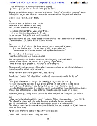 (de wuman dat ai lov is pritier dan di oders)
(la mujer que yo amo es mas bonita que las otras)
4) para los adjetivos largos, se pone "more (mor) (mas)" o "less (les) (menos)" antes
del adjetivo según sea el caso, y después se agrega than después del adjetivo.
More o less + adj. Largo + than.
Ex:
my car is more expensive than yours.
(mai car is mor expensiv dan iurs)
(mi carro es mas caro que el tuyo)
He is less intelligent than your other friend.
(ji is les inteliyent dan iur oder frend)
(el es menos inteligente que tu otro amigo)
5) en ocasiones se usa "more o less" con el articulo "the" para expresar "entre mas...
O entre menos...; Cuanto mas o cuanto menos".
Ex:
the more you don´t study, the less you are going to pass the exam.
(de mor iu dont studi, de les iu ar gouing tu pas di exam)
(entre mas no estudies, menos vas a pasar el examen)
The more I read, the more I learn.
(cuanto o entre mas leo, mas aprendo).
The less you say bad words, the more you are going to have friends.
(de les iu sei bad words, de mor iu ar gouing tu jav frends)
(entre menos digas groserías, mas vas a tener amigos)
6) comparativos irregulares.- Son adjetivos que cambian su escritura totalmente
cuando uno los utiliza para comparar.
Antes veremos el uso de "good, well, bad y badly":
Good (gud) (bueno / a) y bad (bad) (malo /a) = se usan después de "to be":
Ex:
I am good at football (ai am gud at fútbol) (yo soy bueno en fútbol)
He is good playing piano (ji is gud pleing piano) (el es bueno tocando piano)
I am bad doing that (ai am bad duing dat) (yo soy malo haciendo eso)
He is bad learning english (ji is bad le...rning inglish) (él es malo aprendiendo inglés)
We are bad at tennis (ui ar bad at tenis) (nosotros somos malos en el tenis)
Well (wel) (bien) y badly (badli) (mal) = se usan después de cualquier otra acción:
Ex:
I play football well (ai plei fútbol wel) (yo juego fútbol bien o yo juego bien fútbol).
She plays the piano well (shi pleis de piano wel) (ella toca el piano bien).
You hit the ball badly (iu jit de bol badli) (tu le pegas a la pelota mal).
She always does her homework badly (shi olweis dos jer jomwork badli) (el siempre
hace su tarea mal).
Aprenda de memoria estos comparativos irregulares:
Good / well...better (beder) (mejor) + than.
85
mailxmail - Cursos para compartir lo que sabes
 