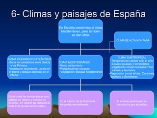 6- Climas y paisajes de España CLIMA DE ALTA MONTAÑA En España predomina el clima Mediterráneo, pero también  se dan otros CLIMA OCEÁNICO O ATLÁNTICO Zona del cantábrico entre Galicia y los Pirineos.  Vegetación abundante: Landa en el litoral y bosque atlántico en el  interior.  CLIMA MEDITERRÁNEO Resto del territorio. Precipitaciones escasas. Vegetación: Bosque Mediterráneo CLIMA SUBTROPICAL -Temperaturas calidas todo el año. Lluvias escasas y torrenciales.  Vegetación zonas húmedas: Pino canario y laurisilva.  -Vegetación zonas áridas: Cardones, tataibas y chumberas.  En la costa las temperaturas son  cálidas en verano y suaves en  invierno. En verano se produce la  Gota Fría (lluvias torrenciales) En el interior de la Península  temperaturas extremas El sureste peninsular se  caracteriza por su aridez.  