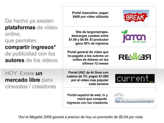 De hecho ya existen  plataformas  de video online,  que permiten  compartir ingresos*  de publicidad con los  autores  de los videos. HOY, Existe  un mercado libre  para cineastas / creadores *As í el Megahit 2009 ganará a precios de hoy un promedio de $0,04  por vista Portal masculino, pagan $400 por video utilizado Portal español de web, tv y móvil que comparte  ingresos con los creadores Portal general de video que ha pagado a los autores un millón de dólares en los últimos 12 meses Portal UGC de Al Gore con cadena de TV, pagan $1.000 por el video mas popular cada semana Site de largometrajes, descargas cuestan entre $1.99 y $4.99. El productor gana 30% de ingresos 