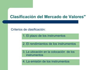 Clasificación del Mercado de Valores"
1. El plazo de los instrumentos
2. El rendimientos de los instrumentos
3. La ubicación en la colocación de los
instrumentos
4. La emisión de los instrumentos
Criterios de clasificación:
 