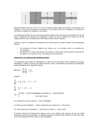 1                 2                3                   4
               A              0                 2                3                   2
               B              1                 0                1                   0
               C              0                 1                0                   1
               D              0                 0                1                   1


Solución Optima Unica:A-1, B-4, C-3 y D-2.Lo anterior quiere decir que Antonio va a laborar en la
máquina 1 (10 horas), Bernardo en la máquina 4 (12 horas), Carlos va a trabajar en la máquina 3
(12 horas) y Diego en la máquina 2 (16 horas).

La combinación óptima de los recursos para este problema de minimización de asignación es de 50
horas, resultantes de adicionar las asignadas a cada uno de los operarios en cada una de las
máquinas.Dicho valor corresponde al valor óptimo de la función objetivo.

Cuando se tiene un problema de asignación de maximización se puede resolver de las siguientes
formas:

    o   Se multiplica la función objetivo por menos uno y se resuelve como un problema de
        minimización.
    o   Se determina el costo más elevado de la tabla, se resta este costo de todos los elementos
        del tablero y se resuelve como un problema de minimización.

PROBLEMA DE ASIGNACIÓN GENERALIZADO

 Si suponemos que existen m trabajadores y cada uno de ellos tiene cierta cantidad de recursos
disponibles y existen n tareas que deben llevarse a cabo, el problema de asignación generalizado
puede plantearse de la siguiente manera:




Sujeta a:




bj: Cantidad de recursos para el i - esimo trabajador

rij: Recursos del trabajador i – ésimo necesarios para realizar laj – ésima tarea.

Cij: Costo para que el trabajador i – ésimo lleve a cabo la j – ésima tarea.

El primer conjunto de restricciones asegura que no se utilizan más recursos de los que están
disponibles para cada trabajador; el segundo conjunto de restricciones afianza el hecho que cada
uno de los trabajos lo lleva a cabo un solo trabajador.
 