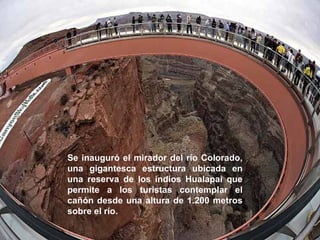 Se inauguró el mirador del río Colorado, una gigantesca estructura ubicada en una reserva de los indios Hualapai que permite a los turistas contemplar el cañón desde una altura de 1.200 metros sobre el río. 