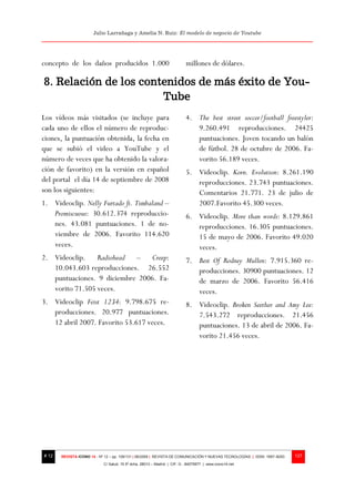 Julio Larrañaga y Amelia N. Ruiz: El modelo de negocio de Youtube




concepto de los daños producidos 1.000                                    millones de dólares.

8. Relación de los contenidos de más éxito de You-
                       Tube
Los vídeos más visitados (se incluye para                                 4. The best street soccer/football freestyler:
cada uno de ellos el número de reproduc-                                     9.260.491 reproducciones. 24425
ciones, la puntuación obtenida, la fecha en                                  puntuaciones. Joven tocando un balón
que se subió el video a YouTube y el                                         de fútbol. 28 de octubre de 2006. Fa-
número de veces que ha obtenido la valora-                                   vorito 56.189 veces.
ción de favorito) en la versión en español                                5. Videoclip. Korn. Evolution: 8.261.190
del portal el día 14 de septiembre de 2008                                   reproducciones. 23.743 puntuaciones.
son los siguientes:                                                          Comentarios 21.771. 23 de julio de
1. Videoclip. Nelly Furtado ft. Timbaland –                                  2007.Favorito 45.300 veces.
   Promiscuous: 30.612.374 reproduccio-                                   6. Videoclip. More than words: 8.129.861
   nes. 43.081 puntuaciones. 1 de no-                                        reproducciones. 16.305 puntuaciones.
   viembre de 2006. Favorito 114.620                                         15 de mayo de 2006. Favorito 49.020
   veces.                                                                    veces.
2. Videoclip. Radiohead – Creep:                                          7. Best Of Rodney Mullen: 7.915.360 re-
   10.043.603 reproducciones. 26.552                                         producciones. 30900 puntuaciones. 12
   puntuaciones. 9 diciembre 2006. Fa-                                       de marzo de 2006. Favorito 56.416
   vorito 71.505 veces.                                                      veces.
3. Videoclip Feist 1234: 9.798.675 re-                                    8. Videoclip. Broken Seether and Amy Lee:
   producciones. 20.977 puntuaciones.                                        7.543.272 reproducciones. 21.456
   12 abril 2007. Favorito 53.617 veces.                                     puntuaciones. 13 de abril de 2006. Fa-
                                                                             vorito 21.456 veces.




# 12   REVISTA ICONO 14 - Nº 12 – pp. 109/131 | 06/2009 | REVISTA DE COMUNICACIÓN Y NUEVAS TECNOLOGÍAS | ISSN: 1697–8293   127
                            C/ Salud, 15 5º dcha. 28013 – Madrid | CIF: G - 84075977 | www.icono14.net
 