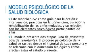 MODELO PSICOLÓGICO DE LA
SALUD BIOLÓGICA
Este modelo sirve como guía para la acción e
intervención, prácticas en la preve...