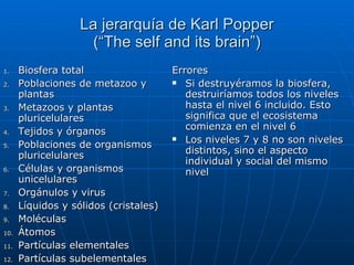 La jerarquía de Karl Popper (“The self and its brain”) Biosfera total Poblaciones de metazoo y plantas Metazoos y plantas pluricelulares Tejidos y órganos Poblaciones de organismos pluricelulares Células y organismos unicelulares Orgánulos y virus Líquidos y sólidos (cristales) Moléculas Átomos Partículas elementales Partículas subelementales  Errores Si destruyéramos la biosfera, destruiríamos todos los niveles hasta el nivel 6 incluido. Esto significa que el ecosistema comienza en el nivel 6 Los niveles 7 y 8 no son niveles distintos, sino el aspecto individual y social del mismo nivel 