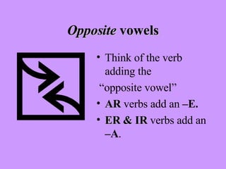 Opposite  vowels Think of the verb adding the “ opposite vowel” AR  verbs add an  –E. ER & IR  verbs add an  –A . 