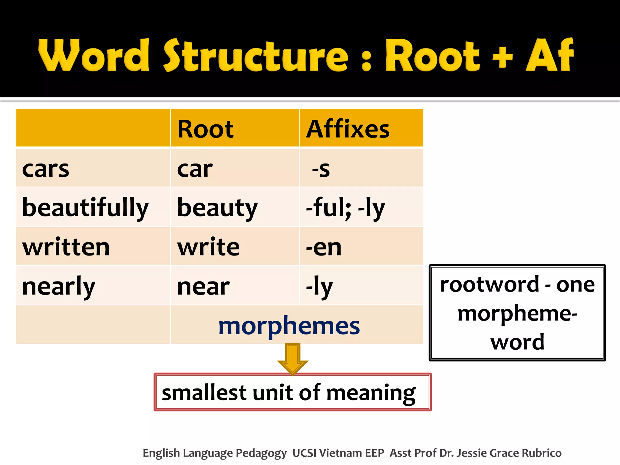 Root 
Affixes 
cars 
car 
-s 
beautifully 
beauty 
-ful; -ly 
written 
write 
-en 
nearly 
near 
-ly 
English Language Pedagogy UCSI Vietnam EEP Asst Prof Dr. Jessie Grace Rubrico 
morphemes 
smallest unit of meaning 
rootword - one morpheme- word  