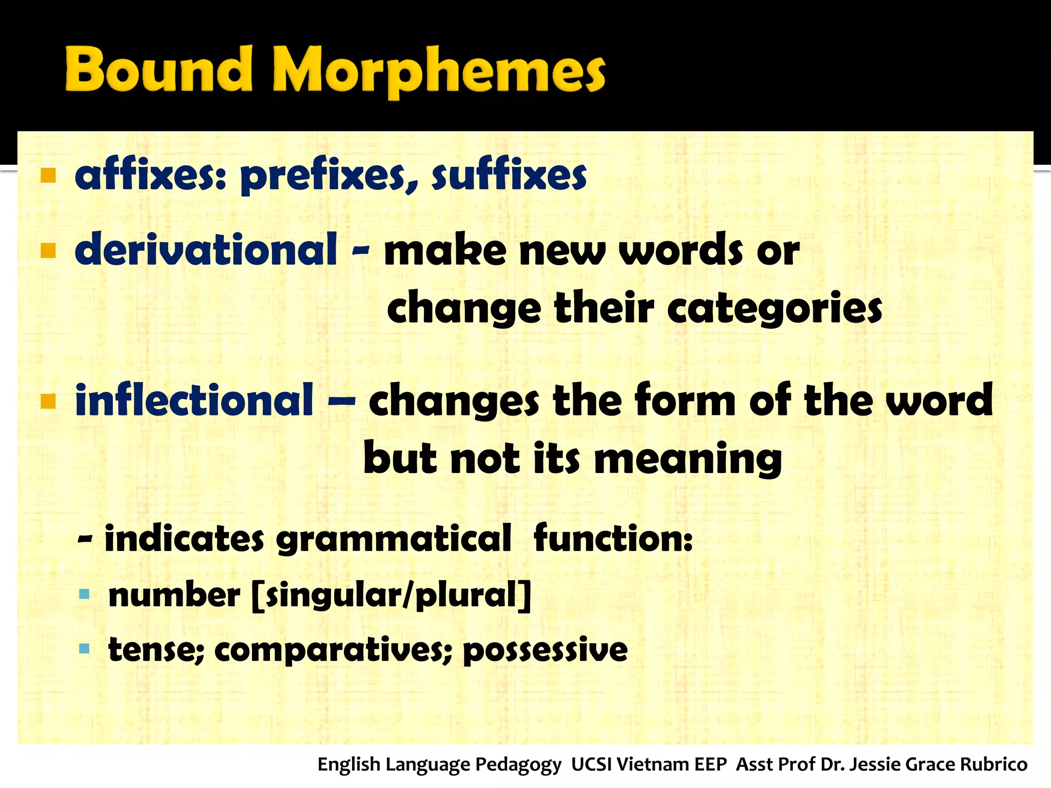 affixes: prefixes, suffixes 
derivational - make new words or 
change their categories 
inflectional – changes the form of the word 
but not its meaning 
- indicates grammatical function: 
number [singular/plural] 
tense; comparatives; possessive 
English Language Pedagogy UCSI Vietnam EEP Asst Prof Dr. Jessie Grace Rubrico  