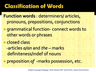 Function words : determiners/ articles, pronouns, prepositions, conjunctions 
grammatical function- connect words to other words or phrases 
closed class 
-articles a/an and the – marks 
definiteness/indef of nouns 
preposition of -marks possession, etc. 
English Language Pedagogy UCSI Vietnam EEP Asst Prof Dr. Jessie Grace Rubrico  