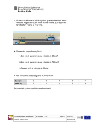 3. Observa la il·lustració. Què significa que el cotxe B va a una
velocitat negativa? Quan anem marxa enrere, quin signe té
la velocitat? Raona la resposta.
4. Respon les preguntes següents:
1. Què vol dir que anem a una velocitat de 20 m/s?
2. Què vol dir que anem a una velocitat de 72 km/h?
3. Passa a km/h la velocitat de 20 m/s.
5. Hem obtingut les dades següents d’un moviment:
Espai (m) 3 5 7 9 11
Temps (s) 0 1 2 3 4
Representa la gràfica espai-temps del moviment.
PC2 Ensenyament - Aprenentatge El moviment 2 ESO Versió 1 26/09/2014
Elaborat : Montse Sans Pàgina 4 de 9
 