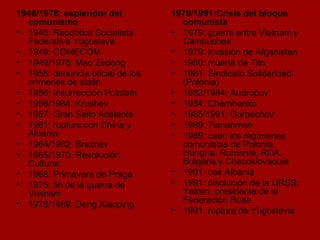 1946/1978: esplendor del comunismo 1946: República Socialista Federativa Yugoslava 1949: COMECOM 1949/1976: Mao Zedong 1956: denuncia oficial de los crímenes de stalin 1956: Insurrección Pozdam 1956/1964: Krushev 1957: Gran Salto Adelante 1961: ruptura con China y Albania 1964/1982: Breznev 1965/1970: Revolución Cultural 1968: Primavera de Praga 1975: fin de la guerra de Vietnam 1978/1989: Deng Xiaoping 1979/1991:Crisis del bloque comunista 1979: guerra entre Vietnam y Campuchea 1979: invasión de Afganistan 1980: muerte de Tito 1981: Sindicato Solidaridad (Polonia) 1982/1984: Andropov 1984: Chernhenko 1985/1991: Gorbachov 1989: Tiananmen 1989: caen los regímenes comunistas de Polonia, Hungría, Rumanía, RDA, Bulgaria y Checoslovaquia 1991: cae Albania 1991: disolución de la URSS: Yeltsin, presidente de la Federación Rusa 1991: ruptura de Yugoslavia 
