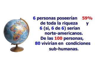 6   personas poseerían  59%  de toda la riqueza  y 6  (si,  6   de   6 ) serían    norte-americanos.   De las  100   personas,  80  vivirían en  condiciones  s ub-humanas .   