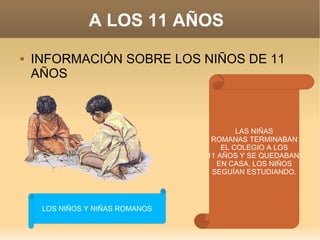 A LOS 11 AÑOS  INFORMACIÓN SOBRE LOS NIÑOS DE 11 AÑOS LAS NIÑAS ROMANAS TERMINABAN EL COLEGIO A LOS 11 AÑOS Y SE QUEDABAN  EN CASA, LOS NIÑOS SEGUÍAN ESTUDIANDO. LOS NIÑOS Y NIÑAS ROMANOS 