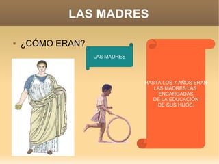 LAS MADRES ¿CÓMO ERAN? HASTA LOS 7 AÑOS ERAN LAS MADRES LAS  ENCARGADAS DE LA EDUCACIÓN DE SUS HIJOS. LAS MADRES 