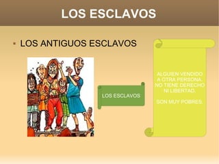 LOS ESCLAVOS LOS ANTIGUOS ESCLAVOS ALGUIEN VENDIDO A OTRA PERSONA. NO TIENE DERECHO NI LIBERTAD. SON MUY POBRES. LOS ESCLAVOS 