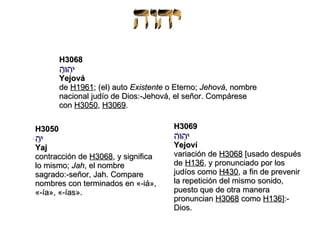 H3050 יָהּ Yaj contracción de  H3068 , y significa lo mismo;  Jah , el nombre sagrado:-señor, Jah. Compare nombres con terminados en «-iá», «-ía», «-ías». H3069 יְהוִֹה Yejoví variación de  H3068  [usado después de  H136 , y pronunciado por los judíos como  H430 , a fin de prevenir la repetición del mismo sonido, puesto que de otra manera pronuncian  H3068  como  H136 ]:-Dios. H3068 יְ הוָֹה Yejová de  H1961 ; (el) auto  Existente  o Eterno;  Jehová , nombre nacional judío de Dios:-Jehová, el señor. Compárese con  H3050 ,  H3069 . 