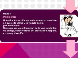 Etapa 7
Matrimonio:
El matrimonio se diferencia de las etapas anteriores
en que es la última y se vincula con los
procedimientos .
Tiene que ser la continuación de la fase romántica
de cortejo, caracterizada por afectividad, respeto,
cortesía y diversión.
 