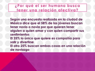 Según una encuesta realizada en la ciudad de
México dice que el 58% de los jóvenes buscan
tener novio o novia por que quieren tener
alguien a quien amar y con quien compartir sus
sentimientos
El 25% lo único que quiere es compañía para
salir y divertirse
El otro 25% buscan ambas cosas en una relación
de noviazgo
 