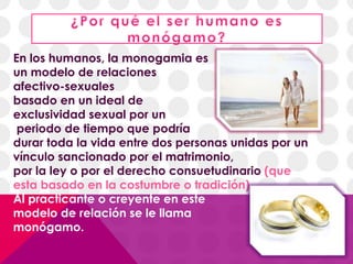 En los humanos, la monogamia es
un modelo de relaciones
afectivo-sexuales
basado en un ideal de
exclusividad sexual por un
periodo de tiempo que podría
durar toda la vida entre dos personas unidas por un
vínculo sancionado por el matrimonio,
por la ley o por el derecho consuetudinario (que
esta basado en la costumbre o tradición)
Al practicante o creyente en este
modelo de relación se le llama
monógamo.
 