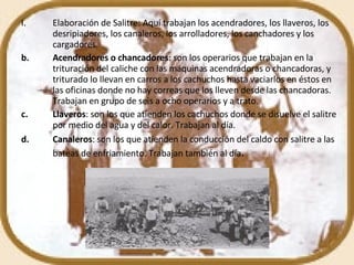 Elaboración de Salitre: Aquí trabajan los acendradores, los llaveros, los desripiadores, los canaleros, los arrolladores, los canchadores y los cargadores.  Acendradores o chancadores : son los operarios que trabajan en la trituración del caliche con las máquinas acendradoras o chancadoras, y triturado lo llevan en carros a los cachuchos hasta vaciarlos en éstos en las oficinas donde no hay correas que los lleven desde las chancadoras. Trabajan en grupo de seis a ocho operarios y a trato.  Llaveros : son los que atienden los cachuchos donde se disuelve el salitre por medio del agua y del calor. Trabajan al día.  Canaleros : son los que atienden la conducción del caldo con salitre a las bateas de enfriamiento. Trabajan también al día .  