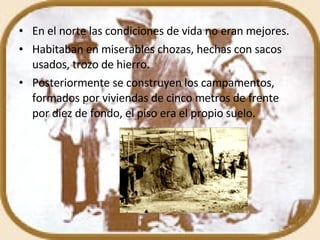 En el norte las condiciones de vida no eran mejores. Habitaban en miserables chozas, hechas con sacos usados, trozo de hierro. Posteriormente se construyen los campamentos, formados por viviendas de cinco metros de frente por diez de fondo, el piso era el propio suelo. 
