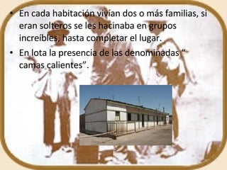 En cada habitación vivían dos o más familias, si eran solteros se les hacinaba en grupos increíbles, hasta completar el lugar. En lota la presencia de las denominadas “ camas calientes”. 