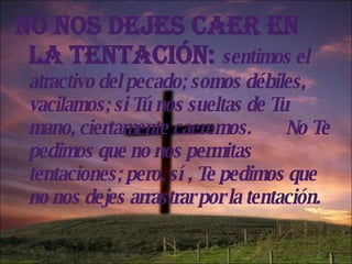 No nos dejes caer en la tentación:  sentimos el atractivo del pecado; somos débiles, vacilamos; si Tú nos sueltas de Tu mano, ciertamente caeremos.  No Te pedimos que no nos permitas tentaciones; pero, sí, Te pedimos que no nos dejes arrastrar por la tentación. 
